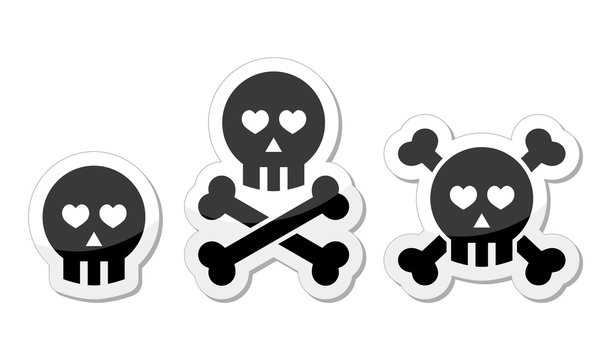 Cartoon skull with bones and hearts vector icon set