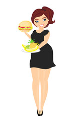 fat woman choosing between fruit and hamburger. Isolated.