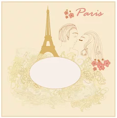 Papier Peint photo Autocollant Doodle Couple romantique à Paris s& 39 embrassant près de la Tour Eiffel
