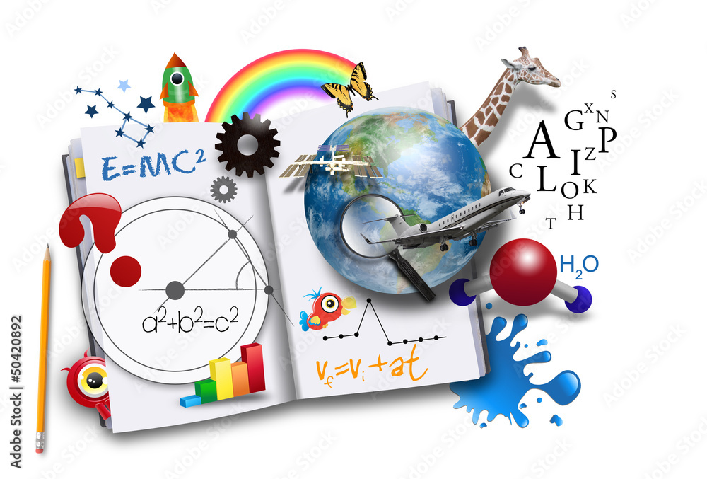 Wall mural open learning book with science and math