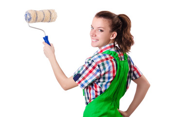 Woman painter with paintbrush on white