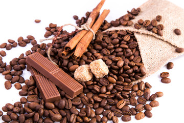 Coffee beans with chocolate and cinnamon