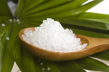 bath salt and palm leaf