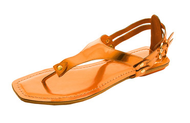 Naklejka premium Orange metallized flip flop patent leather sandal isolated on wh