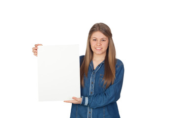 Beautiful young girl holding a blank poster for advertising