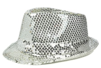 A glittery silver sequin party hat on white background