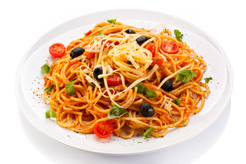 Pasta with meat, tomato sauce, parmesan and vegetables