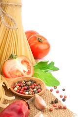 Italian pasta with spices and vegetables, food ingredients