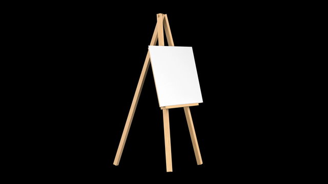 wooden easel with blank canvas loop rotate on black background
