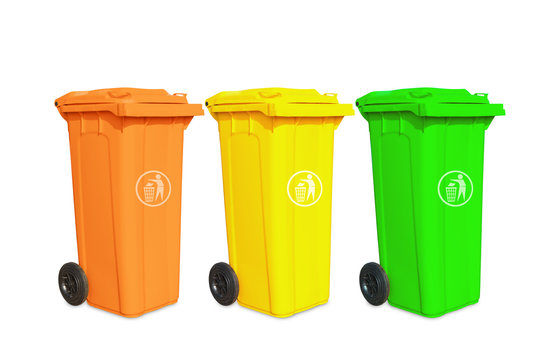 Large three garbage bins with sign