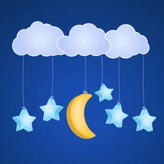 Papier Peint photo Lavable Ciel nuages avec étoiles suspendues et lune