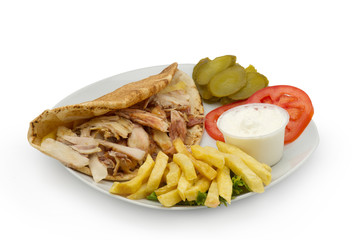 Chicken Kebab Shawarma Plate isolated on white