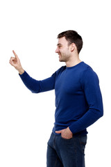 Man stood side on pointing forwards