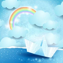 Photo sur Plexiglas Arc en ciel Paysage marin et bateau en papier, illustration fantastique