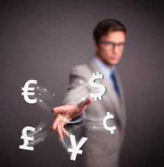 Attractive man throwing currency icons