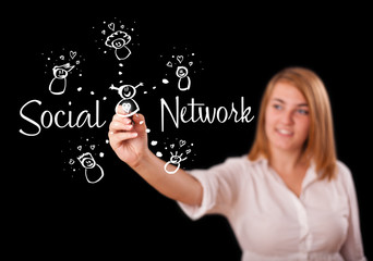 Woman draving social network theme on whiteboard