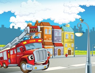 Naklejka na ściany i meble Czerwony firetruck - Obowiązek - ilustracja dla dzieci