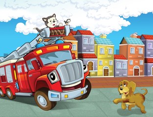 Obraz premium Czerwony wóz strażacki - obowiązek - ilustracja dla dzieci