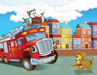 Poster Im Rahmen Das rote Feuerwehrauto - Pflicht - Illustration für die Kinder © honeyflavour