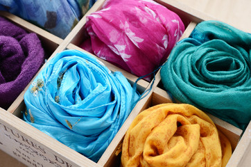 Set of colorful scarfs in wooden box - 50439678