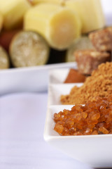 Various kinds of sugar and sugar cane
