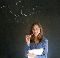 Thinking business woman with chalk cloud thoughts