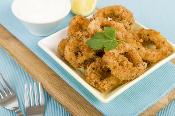 Salt & Pepper Calamari - Fried breaded squid rings & garlic mayo