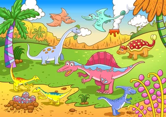 Zelfklevend Fotobehang Schattige dinosaurussen in prehistorische scène © akarakingdoms