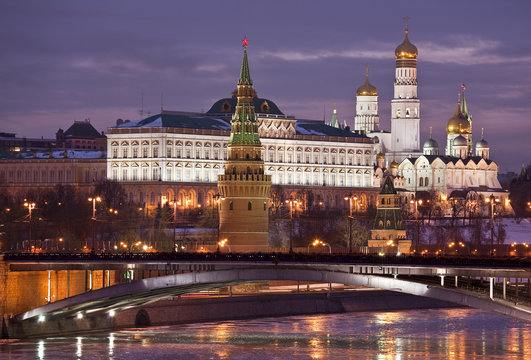 Panorama of the Moscow Kremlin pink dawn