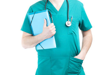 Doctor with blue folder and stethoscope, isolated