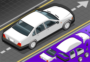 isometric white car in rear view