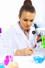 Fototapeta premium Young female scientist working in laboratory