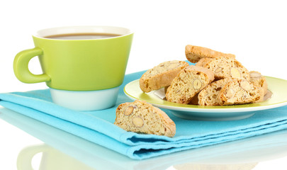 Aromatic cookies cantuccini and cup of coffee isolated on white