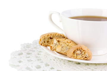 Aromatic cookies cantuccini and cup of coffee isolated on white