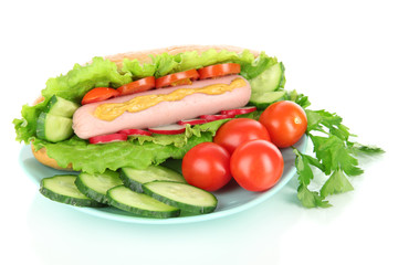 Tasty hot dog with vegetables isolated on white