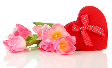 Pink tulips and gift box, isolated on white © Africa Studio