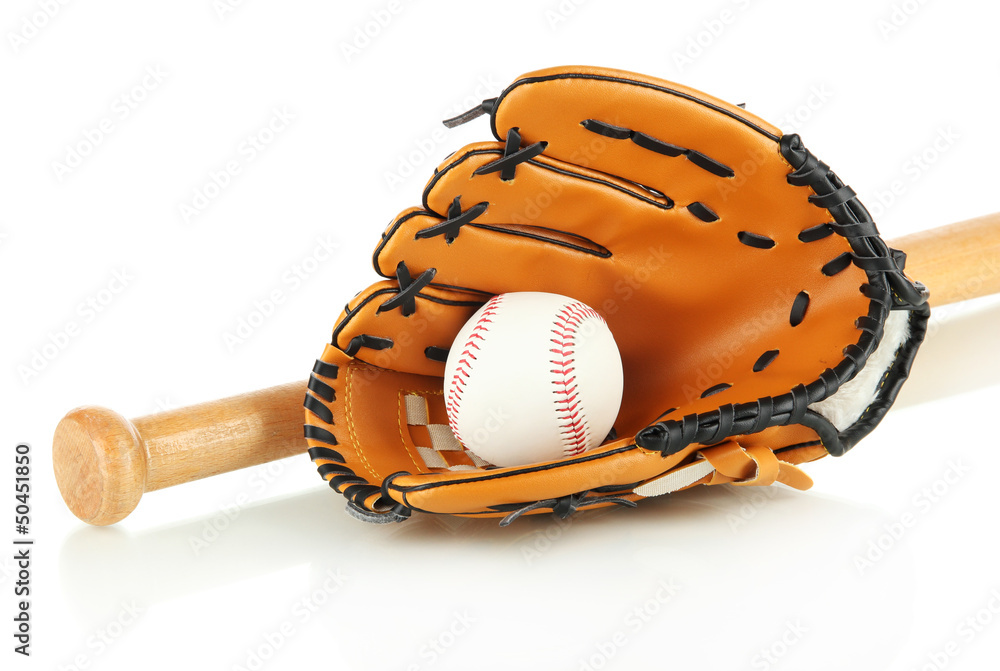 Wall mural Baseball glove, bat and ball isolated on white