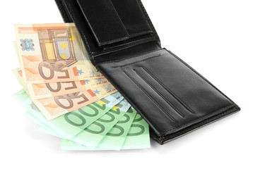 Euro in wallet isolated on white
