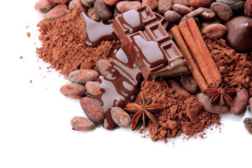 Composition of chocolate sweets, cocoa and spices, isolated