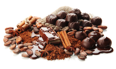 Composition of chocolate sweets, cocoa and spices, isolated