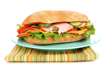 Fresh and tasty sandwich with ham and vegetables isolated