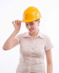 A woman in a helmet shows different icons