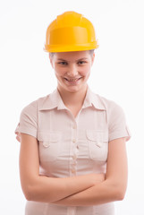 A woman in a helmet shows different icons
