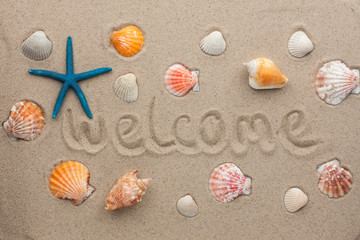 Word welcome written on the sand