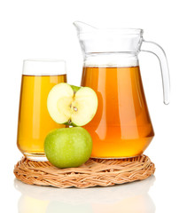 Full glass and jug of apple juice and apples isolted on white