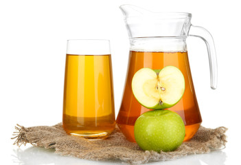 Full glass and jug of apple juice and apples isolted on white