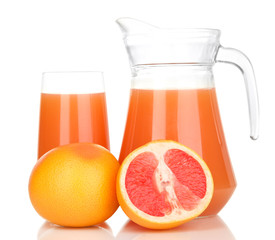 Full glass and jug of grapefruit juice and grapefruits isolated