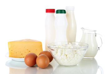 Dairy products and eggs isolated on white