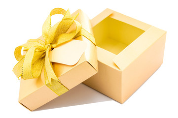 Golden gift box open up on white background.