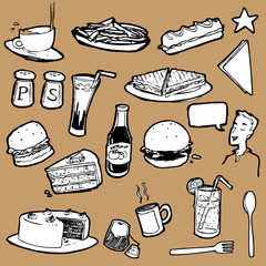A collection of hand drawn illustrations of food items